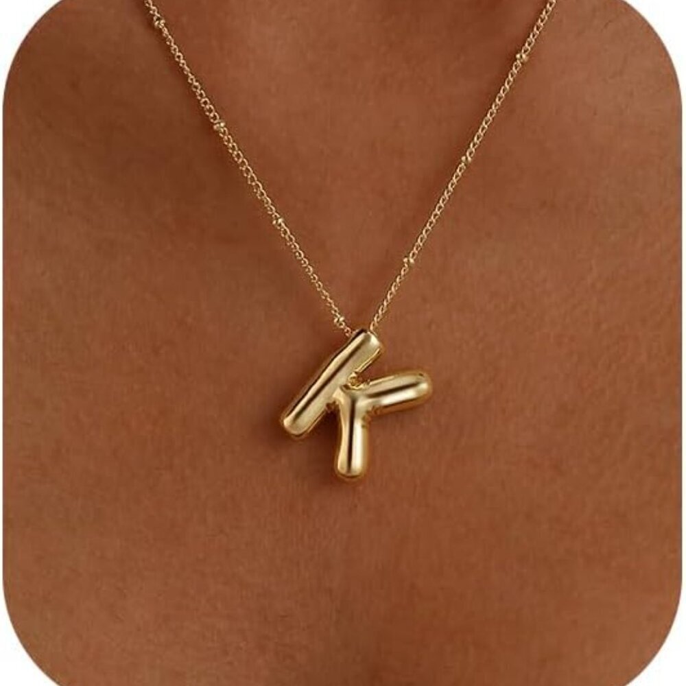 Gold Bubble Letter Necklace for Women, 14k Gold Plated Balloon Initial Letter Pe